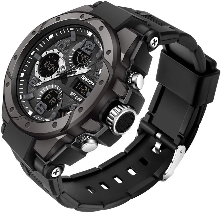 Men's Military Watch Digital Outdoor Sports Tactical Army Wristwatch Electronic WristWatch Waterproof LED Luminous Stopwatch Alarm Clock Large Face Dual Time Analog Multifunctional Watch for Men