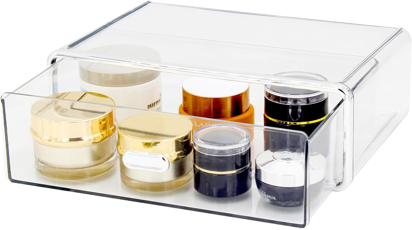 Stackable Storage Drawers Clear Makeup Organizer Acrylic Desk Organiser for Store Cosmetics and Skincares, Suitable for Vanity, Bathroom and Bedroom Locker Organizer-Drawer