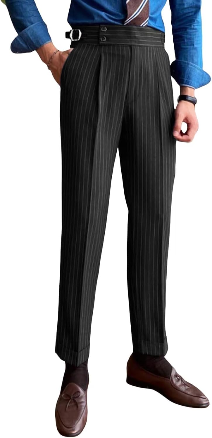Men's Pinstripe Dress Pants Flat Front Gurkha Striped Suit Pants Slim Fit Lightweight Work Office Business Trousers