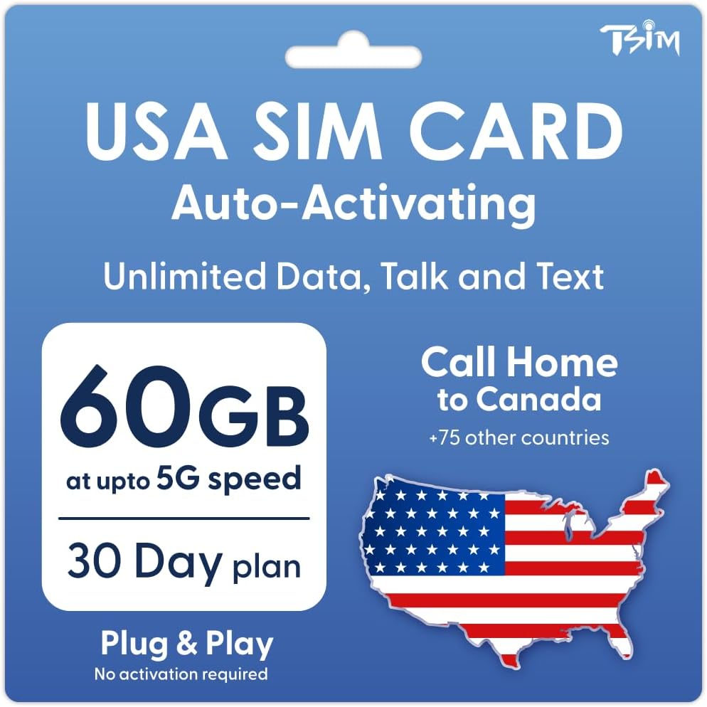 USA SIM Card for UK Phone 30 Days | Auto-Activating Preloaded using 5G T-Mobile network | Call home for free | Unlimited Data/Talk/Text With Tethering/HotSpot/Internet Sharing (60GB @ High-Speed)