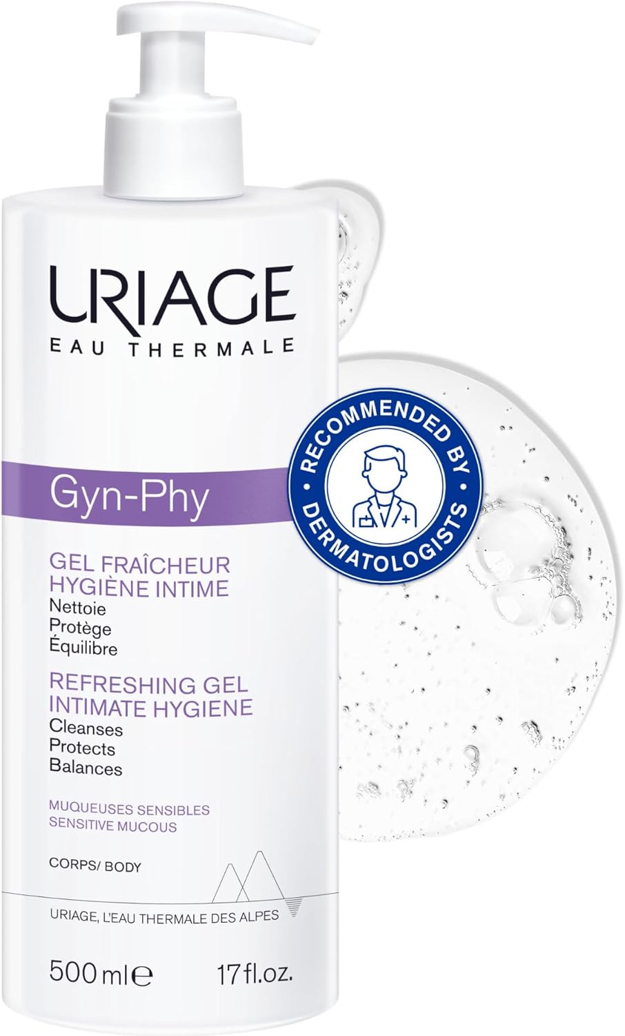 Uriage Gyn-Phy Refreshing Intimate Cleansing Gel 500ml - Cleanses and Preserves Natural Balance - Physiological pH and Glyco-Gyn Complex - Floral Fragance