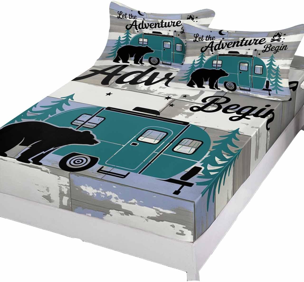 Fitted Sheets Elastic Deep Pocket Bed Sheet Cal King, Bear Green Tree CV on Wood Grain Soft Bed Sheets Set,Abstract Adventure Mattress Cover Up Hotel Luxury Fitted Sheet Pillowcase for Bedroom