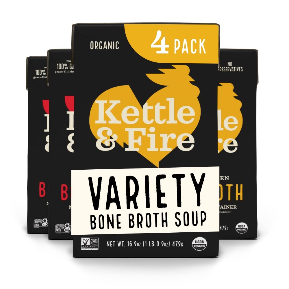 Kettle and Fire Beef and Chicken Bone Broth, Keto, Paleo, Whole 30 Approved, Gluten Free, Natural Source of Collagen, Pack of 4