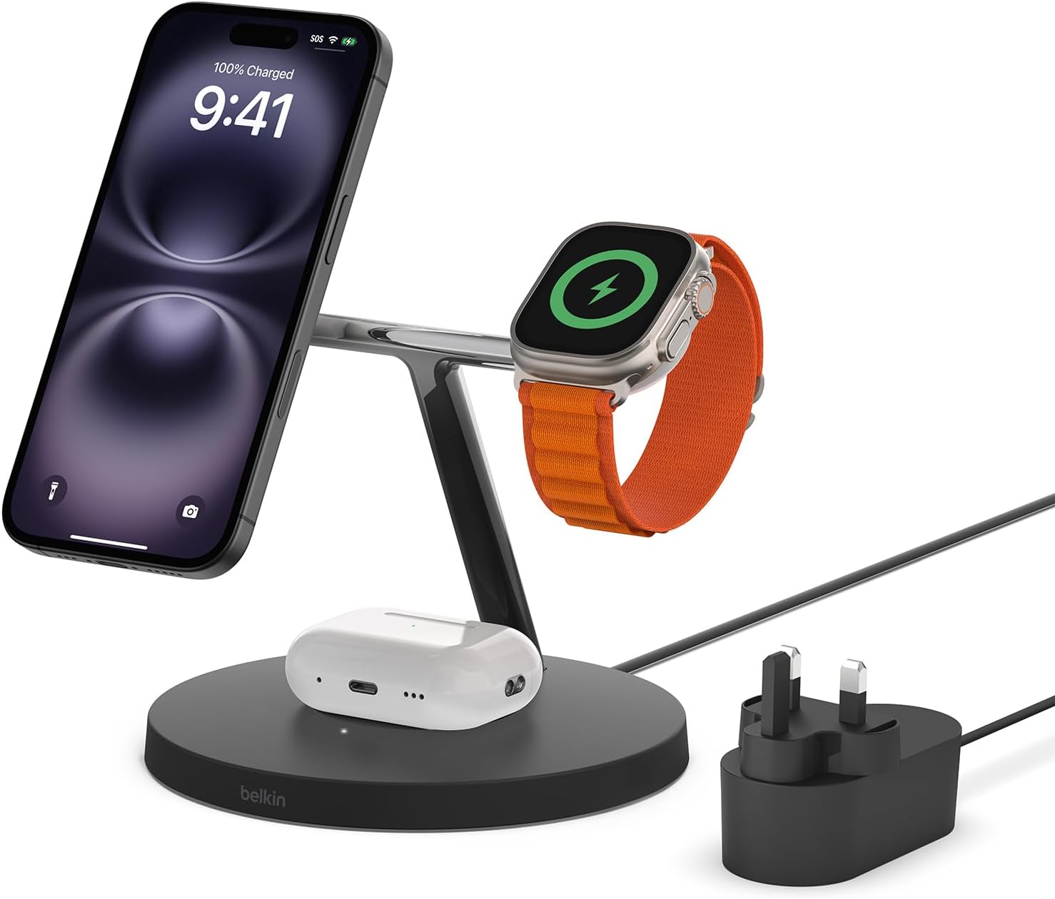 Belkin MagSafe 3 in 1 Wireless Charging Station, 15W iPhone and Apple Watch Fast Wireless Charger, AirPods Charging Station for iPhone 16, 15, 14, 13, 12 Series, Apple Watch 10/9/8, SE, Ultra - Black