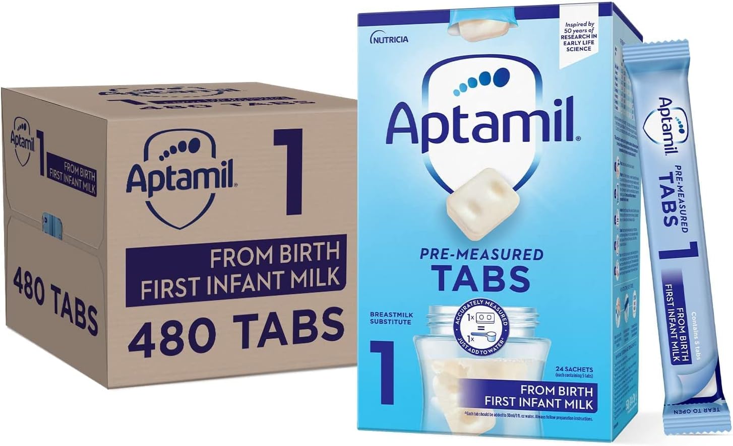 Aptamil 1 First Baby Milk Formula Pre-Measured Tabs, From Birth, 120 Tabs (Pack of 4) - 1 tab = 1 scoop (23g)