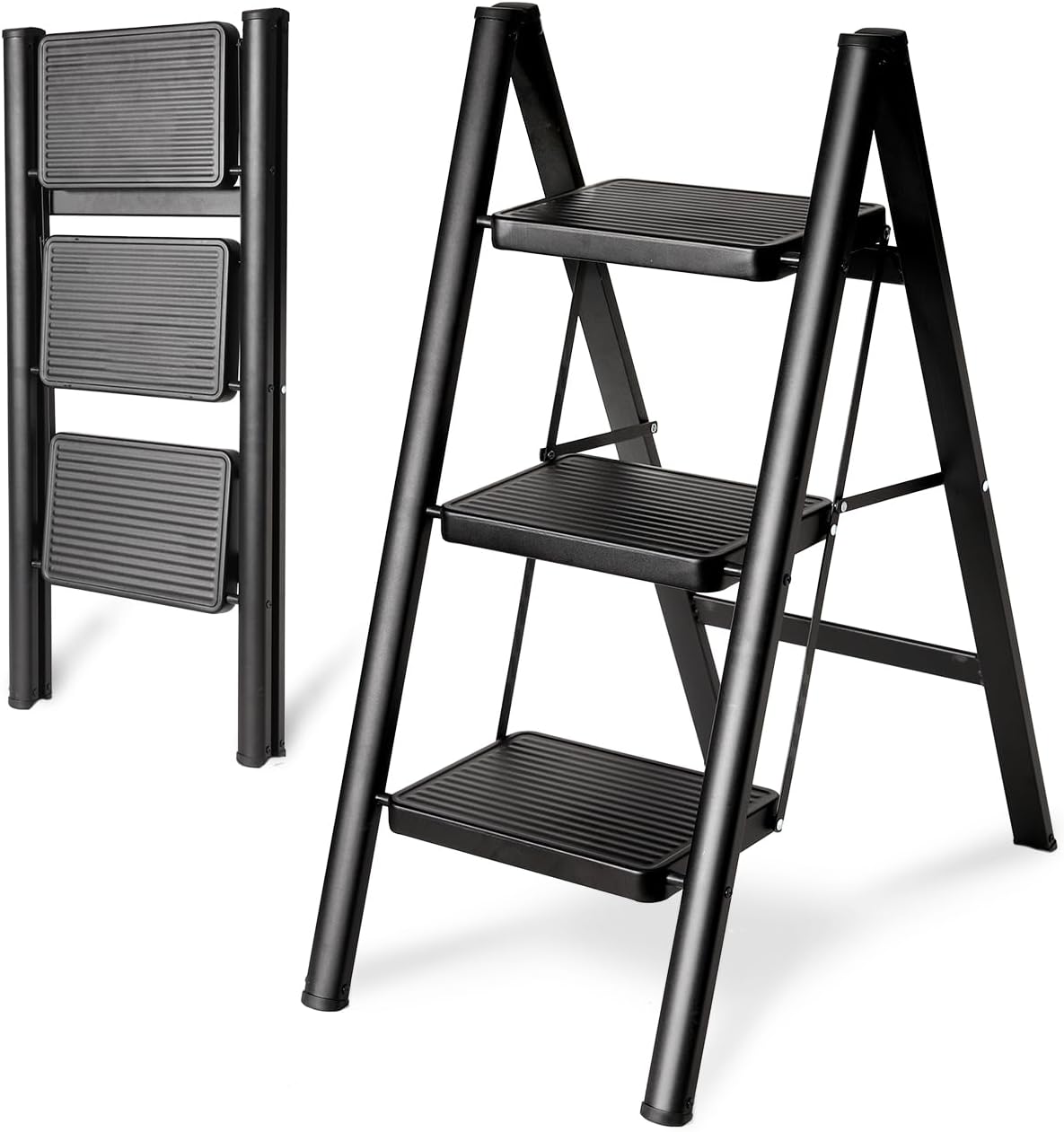 Double Elite Step Ladder 3 Step Folding, Sturdy 330 Lbs Small Step Stool for Adults, Safer Full Steel Multi-use Kitchen Ladder for Home, Closet Step Stool Ladder with Anti-Slip Wide Pedals, Black