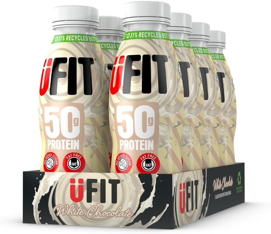 UFIT High 50g Protein Shake - White Chocolate Flavour - No Added Sugar - Low in Fat - Ready to Drink - Pack of 8 x 500ml (Packaging May Vary)