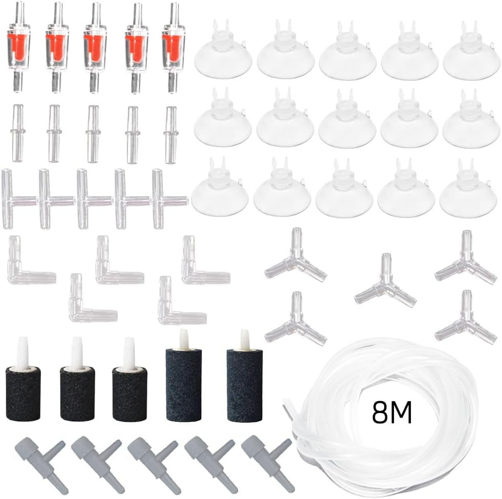 LANCARE 51 Piece Air Pump Accessories, 8m Transparent Silicone Hose, Air Pump Accessories Set with Air Stone Suction Cups and Y/T/L/I Shape Connector for Fish Tank