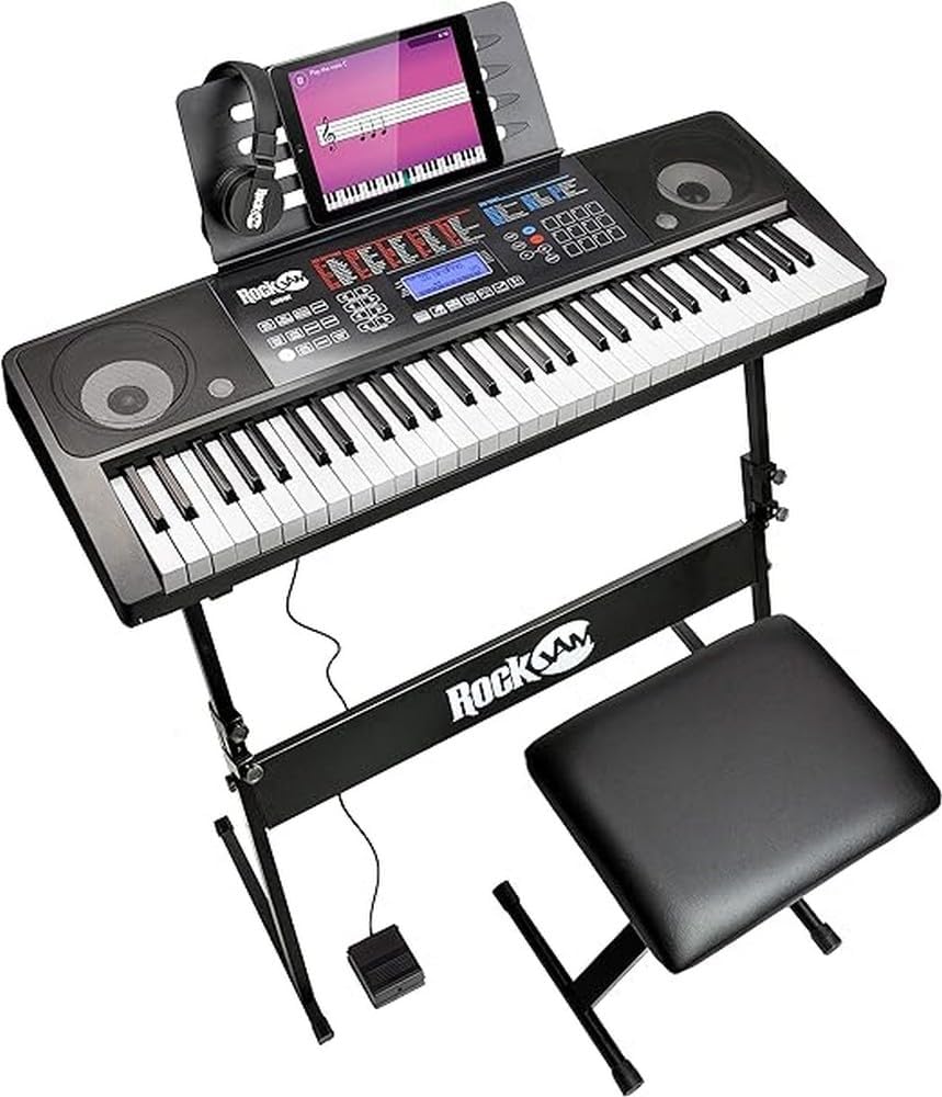 RockJam RJ761 61 Key Keyboard Piano with Keyboard Bench, Digital Piano Stool, Sustain Pedal and Headphones, Touch panel display 200 voices and 200 rhythms, 30 demo songs, Teaching functions