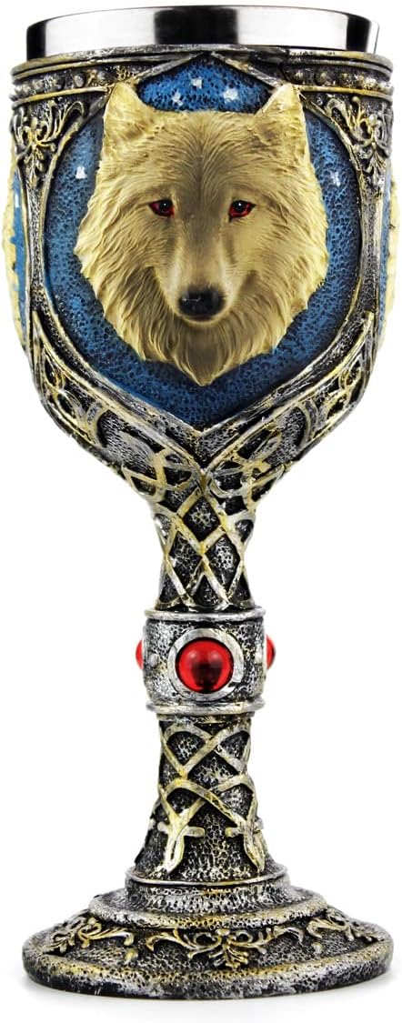 EZESO Wolf Coffee Goblet Stainless Steel Resin Travel Tea Wine Beer Mugs (Goblet)