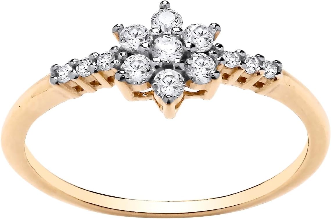 Old English Jewellers 9ct Yellow Gold on Silver Sparkling CZ Daisy Cluster Ring size J to U