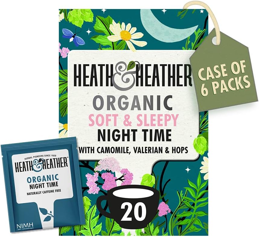 Heath & Heather Organic Soft & Sleepy Night Time Tea Bags | Individually Wrapped Herbal Tea Infusions with Camomile, Valerian & Hops | 6 Pack of 20, Total 120 Teabags
