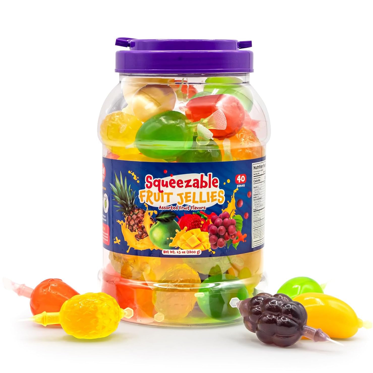 Fruit Squeezable Jellies, Tik Tok Candy, Vegan Candy - 40 Count Jar