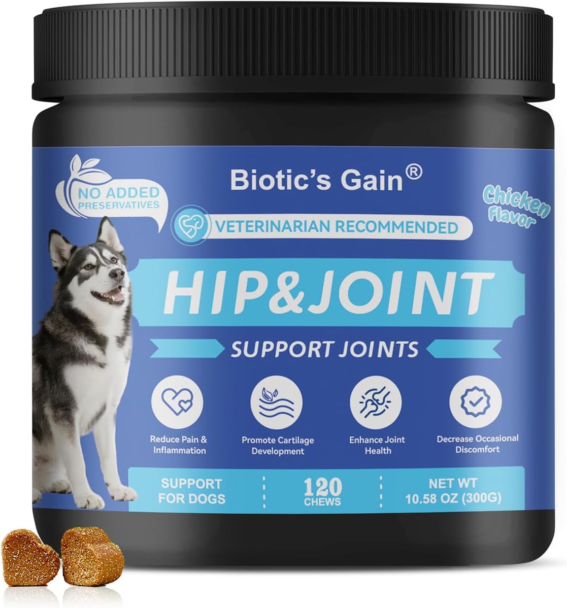 Biotic's Gain Dog Multivitamins, 25 in 1 Complete Care, 120 Soft Chews, Chicken Flavour (120, Hip & Joint)