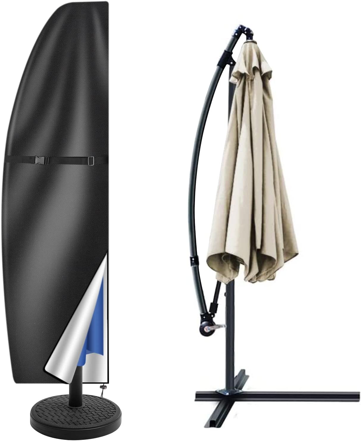 Teynewer Parasol Cover Waterproof, Cantilever Parasol Protective Cover with Telescopic Pole and Zipper Fit for 1 to 3 m Diameter Umbrella Patio Parasol Weatherproof UV-Anti Windproof (205x25x57/48cm)