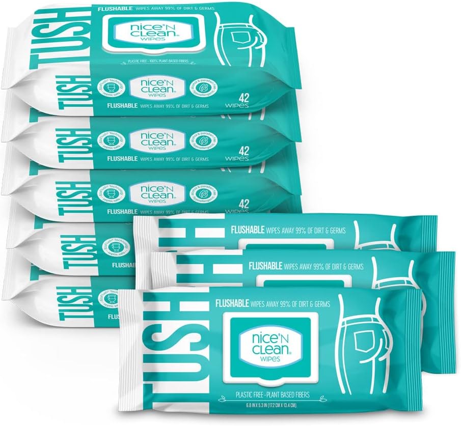 Nice 'N Clean Adult Flushable Wipes (8 x 42 Count) | Personal Cleansing Wipes Made from Plant-Based Fibers | Infused with Aloe & Vitamin E