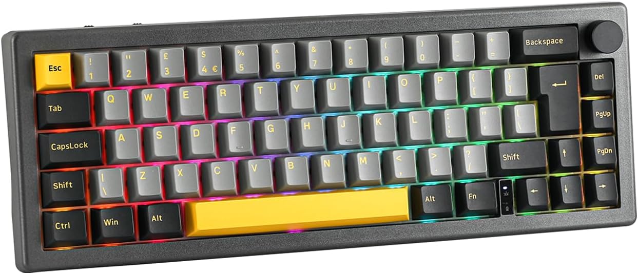 EPOMAKER EK68 (UK-ISO) Wireless Mechanical Keyboard, Knob, Lubed Switch, PBT Keycap, Gasket, Bluetooth/2.4Ghz/USB, RGB Backlit, Mac/PC Programmable Software (Black Gold, Gateron Pro Yellow)