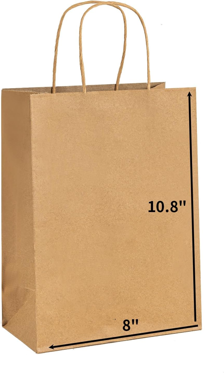 METAPRINT 100 Pack 8x4.5x10.8 Inch Medium Paper Gift Bags with Handles Bulk, Brown Kraft Paper Bags for Grocery Shopping Retail Bags, Birthday Party Favors Wedding Bags