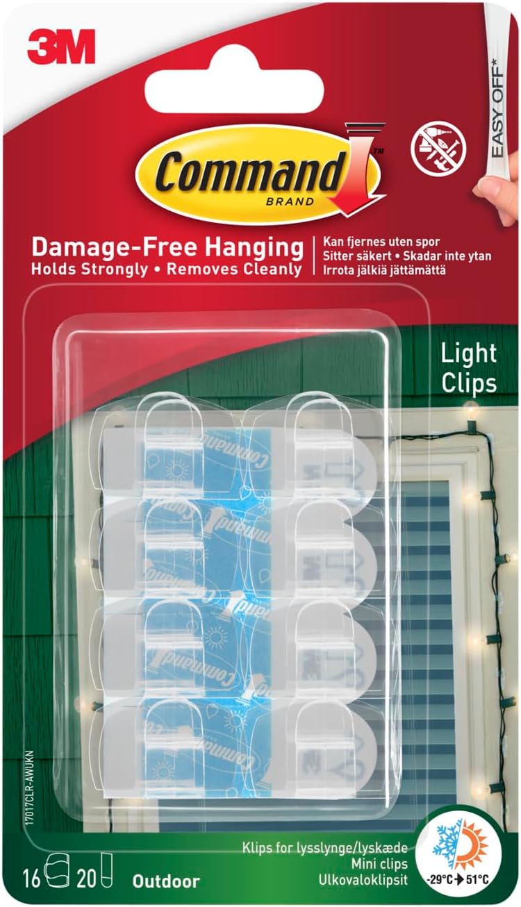 Command Outdoor Decorating Light Clips - 16 Mini Hooks and 20 Small Adhesive Strips,Transparent - Clips for Hanging Decorations and Fairy Lights Outdoors - Damage Free Hanging