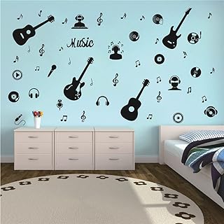 Music Studio Wall Decal Guitar Notes Musical Instruments DJ Headphone Stickers Removable Interior Kids Room Decoration Living Room Wall Art Mural TM-102 (Black)