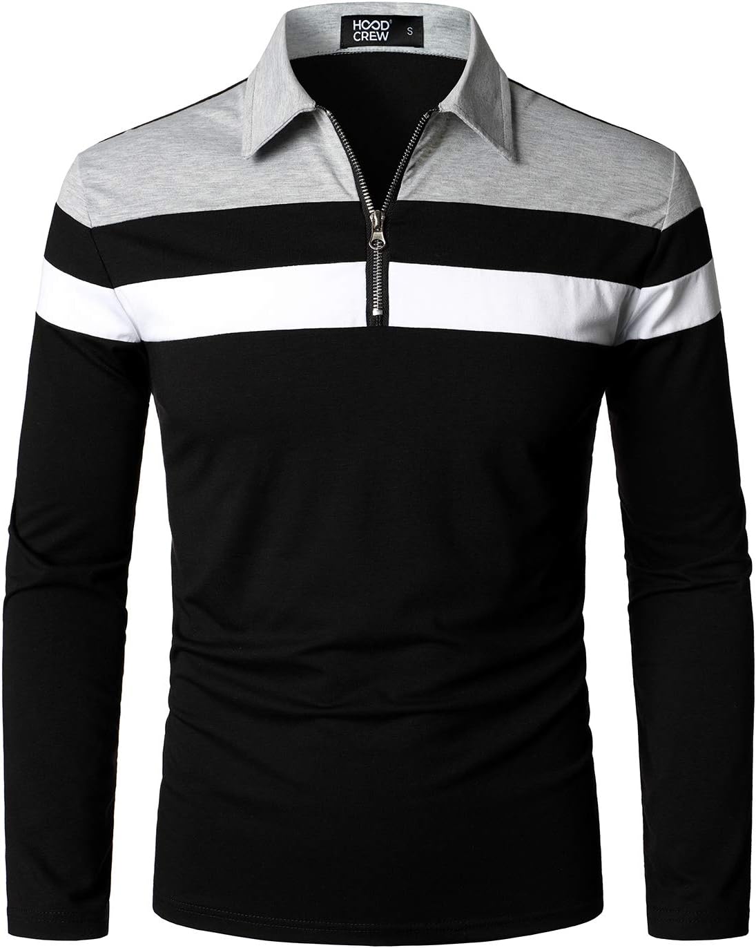 HOOD CREW Men’s Long Sleeve Polo Shirt Casual Slim Fit Shirts Contrast Color Patchwork T Shirts Cotton Tops