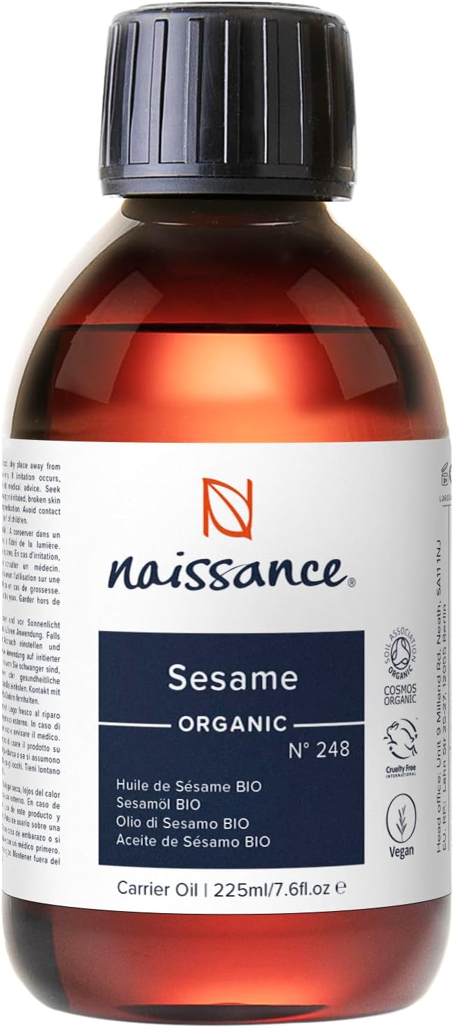 Naissance Organic Sesame Seed Oil (no. 248) - 225ml - 100% Natural, Certified Organic - for Skin, Hair, Nails, Body Care, Beauty Cosmetics, Massage