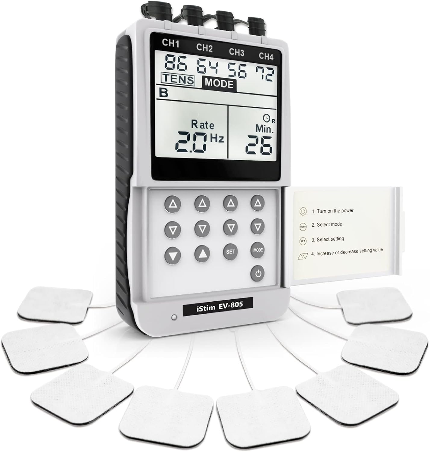 iSTIM EV-805 TENS EMS 4 Channel Combo Machine – Muscle Stimulator for Strengthening, Back Pain & Joint Pain Relief & Drug-Free Management – with 16 Self-Adhesive Electrode Pads (AA Powered)