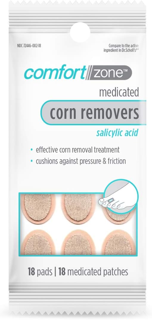 Comfort Zone Corn Removers Medicated Patches, Effective Corn Removal Pads with Salicylic Acid, 18 Medicated Patches and 18 Protective Pads