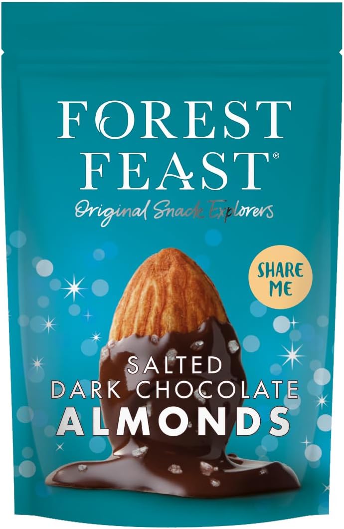 FOREST FEAST Salted Dark Chocolate Almonds 270g Sharing Bag| Dark Chocolate Coated Salted Almonds with Real Belgian Dark Chocolate, Gluten Free High Protein Vegan Snack