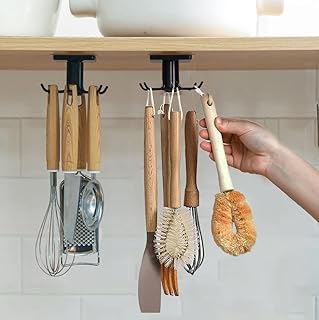 2pcs Under Cabinet Kitchen Utensils Hooks, 360 °Rotation Utility Hooks,Under Cabinet Adhesive Kitchen Hanging Storage Rack for Kitchen Utensils Tools(Black)