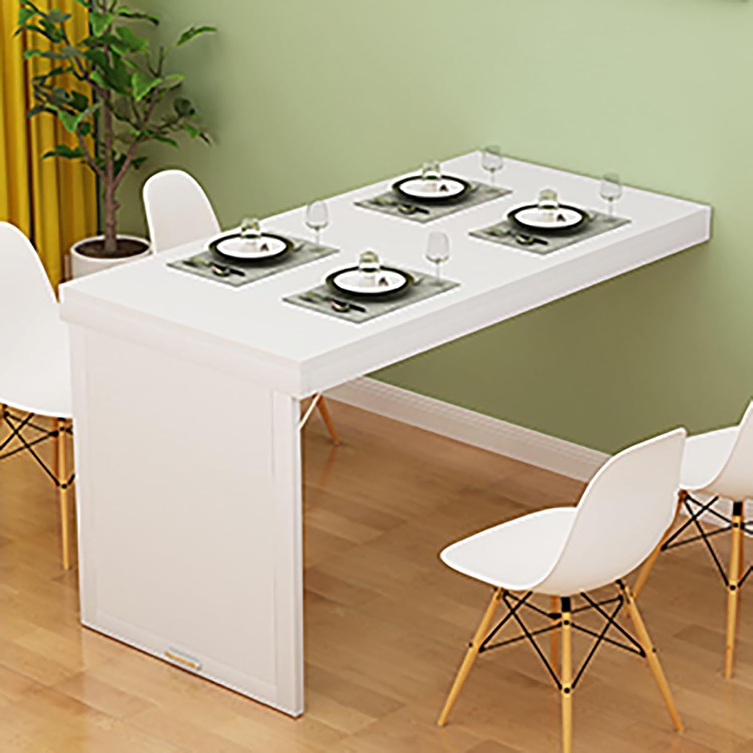 LLYLAFDC Wall Mounted Fold Down Table Kitchen Dining Table White 90cm x 50cm Modern Indoor Painted Wood Top Stainless Steel Frame Rectangular Table