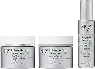 No7 Future Renew Damage Reversal Skincare Set - Anti Aging Face Serum (.33 Fl Oz), Day Cream with SPF 25 (1.69 Fl Oz) & Night Cream (1.69 Fl Oz) - Reverses Visible Signs of Sun Damage - 3-Piece Set