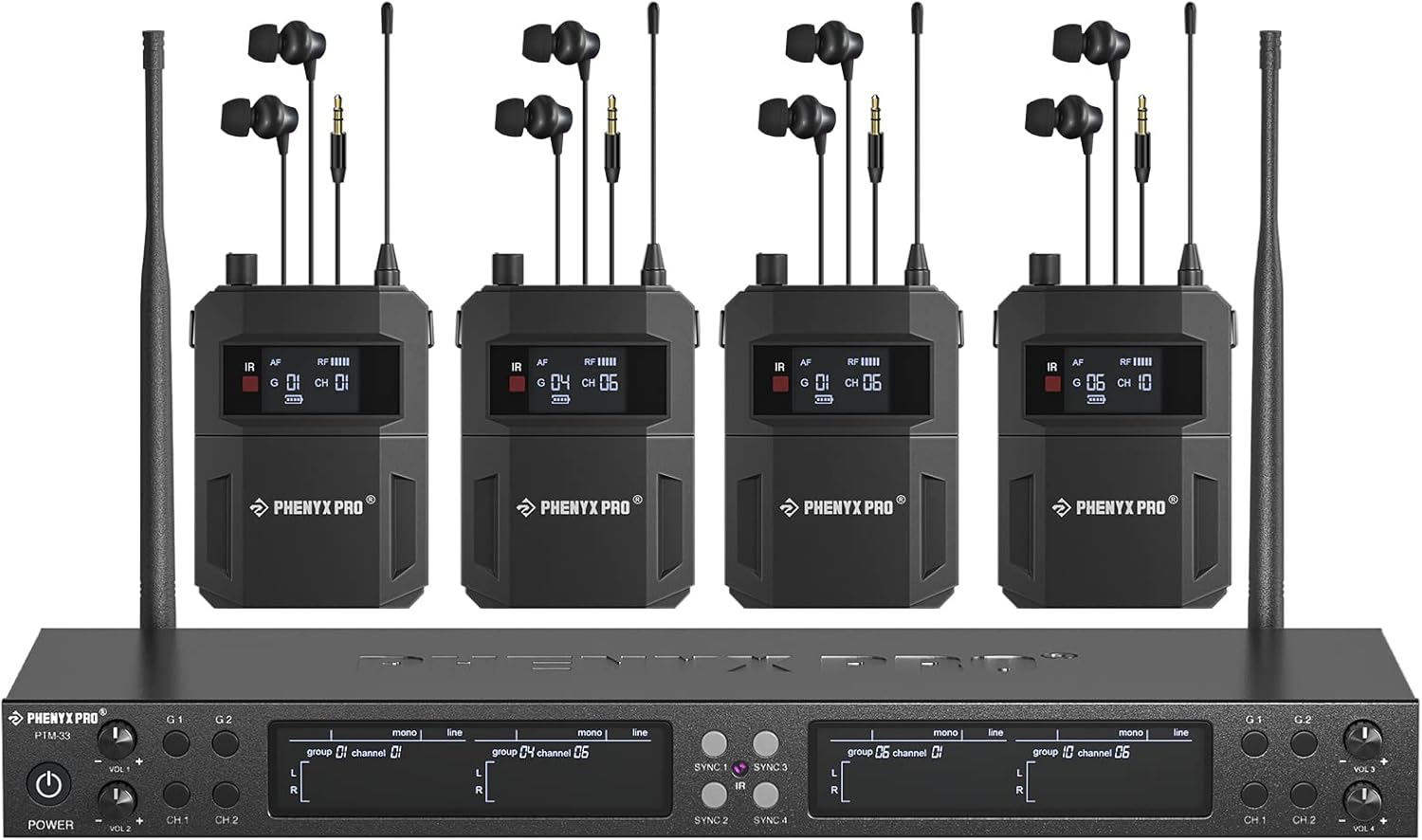 Phenyx Pro Wireless in Ear Monitor System, Quad-Channel Wireless IEM System, Metal IEM w/ 4 Bodypacks, 4x25 UHF Frequencies, Rack Mount, 164ft Range, Mono Deisgn, for Studio/Band (PTM-33)