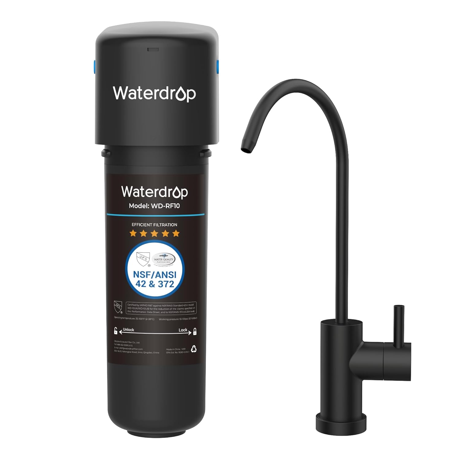 Waterdrop 10UB-B Under Sink Water Filter, Reduces PFAS, PFOA/PFOS, Lead, Chlorine, Bad Taste, NSF/ANSI 42 Certified, 8K Gallons, Easy Installation, Black Faucet