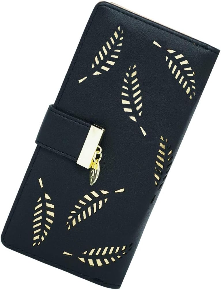 Molylove Women's Wallet Hollow Leaf Pattern Bifold Leather Lady Long Wallet Purse Zipper Handbag Button Clutch Bag (Black)