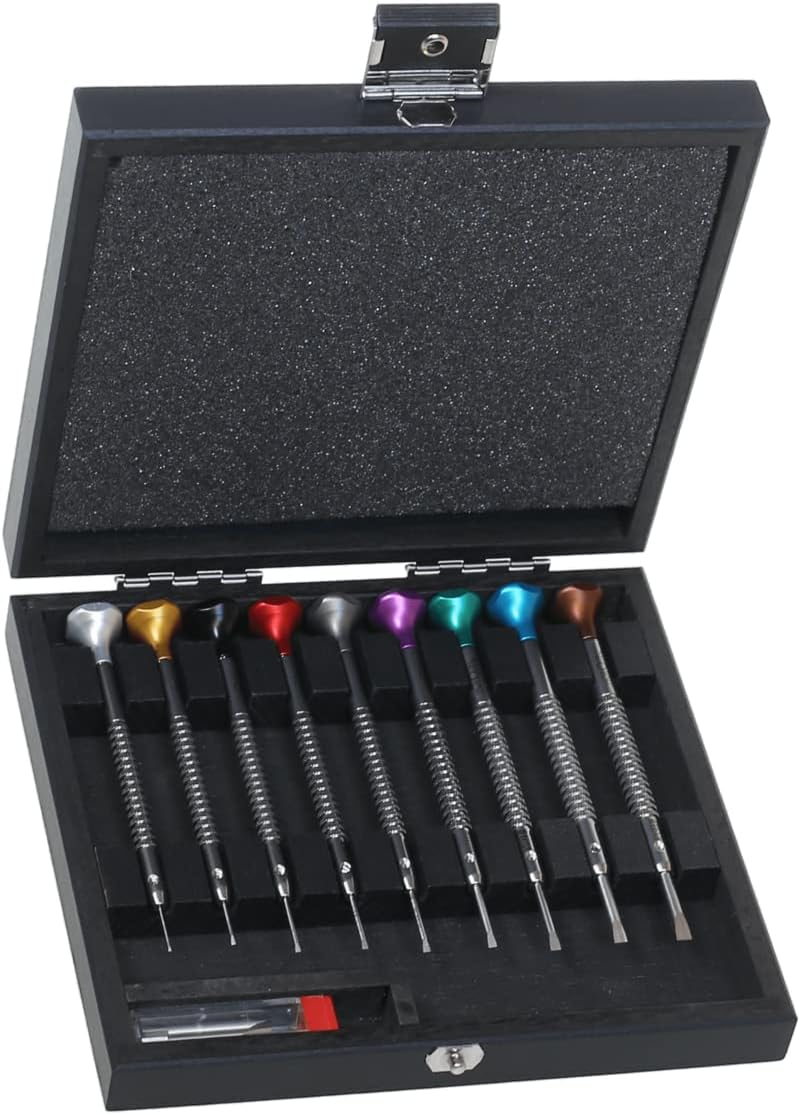 Horotec MSA01.218-A – Assortment of 9 Watchmakers Screwdrivers in Wooden Case, Multicolored
