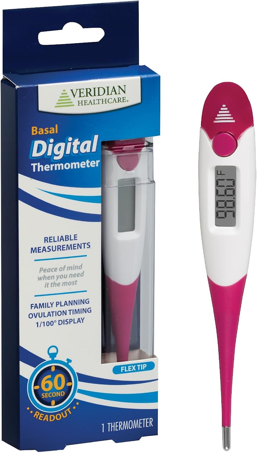Veridian Basal Digital Thermometer | Natural Family Planning Aid | 60-Second Readout | Results to 1/100 Degree for Precise Ovulation Tracking | Water-Resistant Easy Cleaning