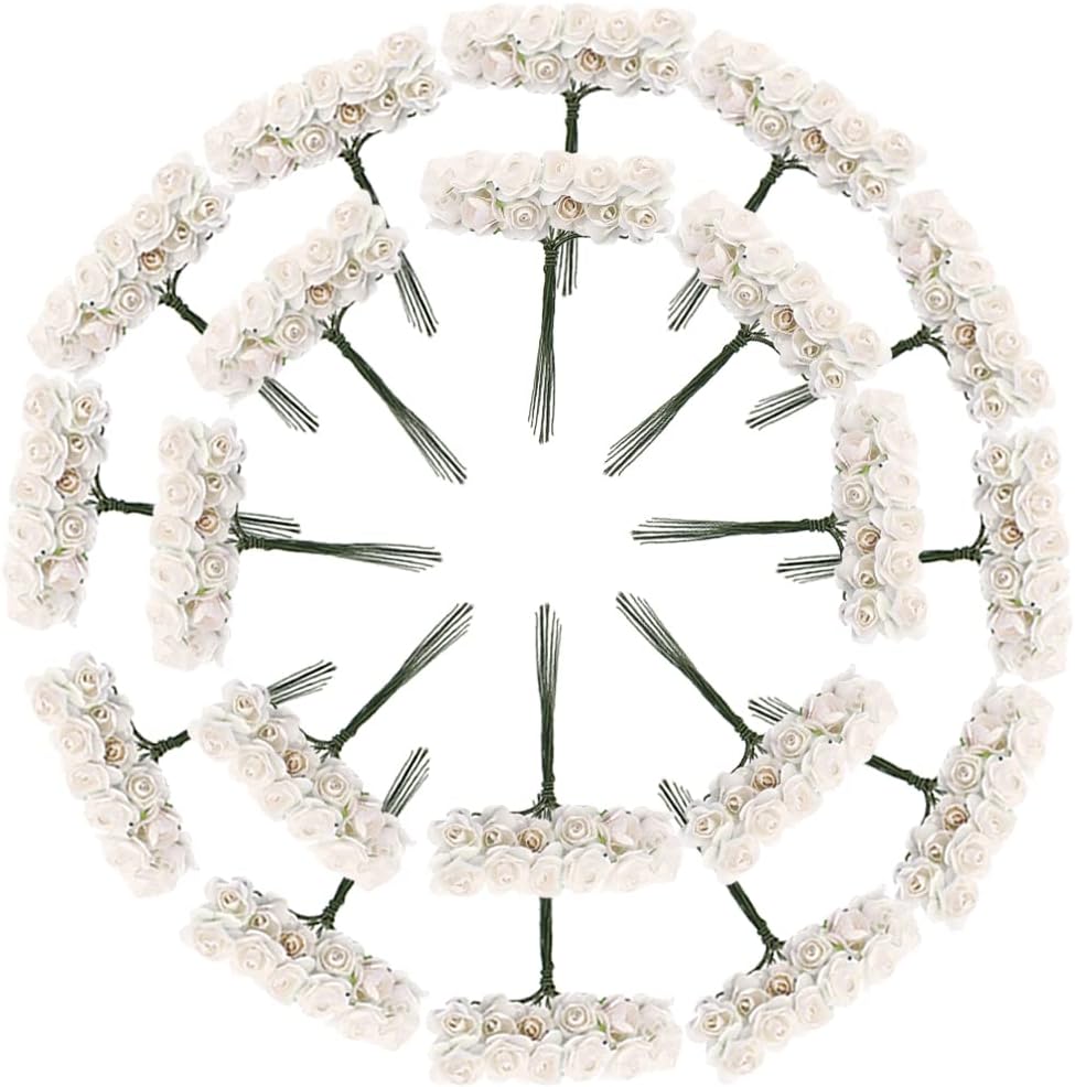 CCINEE 144pcs Mini Paper Flowers,Mulberry Paper 1/2" Artificial Rose Flower with Stem for DIY Crafts Projects Scrapbooking Wedding Decorations (White)