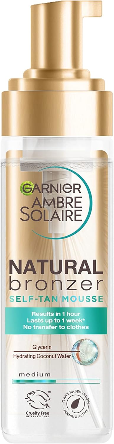 Garnier Ambre Solaire Natural Bronzer Self Tan Mousse 200ml, Streak Free & Intense Fake Tan In 1 Application, Hydrating Mousse With Coconut Water, For Face & Body, Vegan Formula