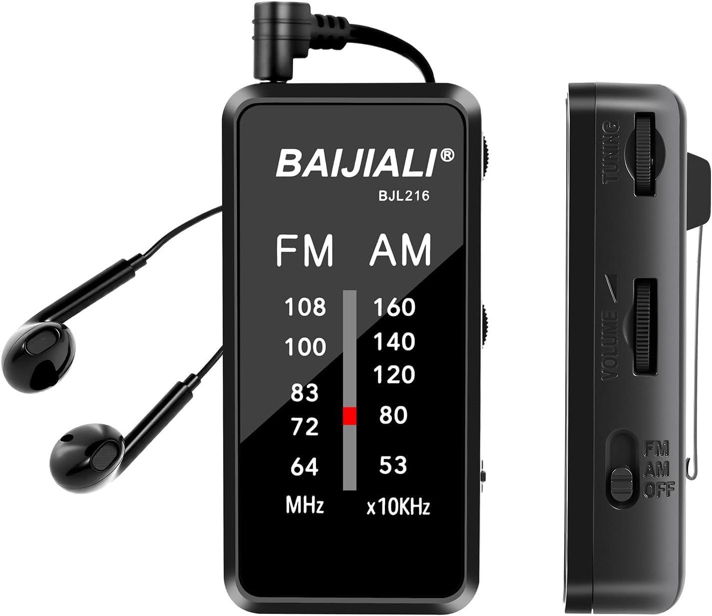 BAIJIALI Clip-On AM/FM Receiver with Headphones - Ultra Portable Pocket-Sized, Battery Operated Radio for Emergency, Running, Camping, Elderly & Kids (BJL216, Black)