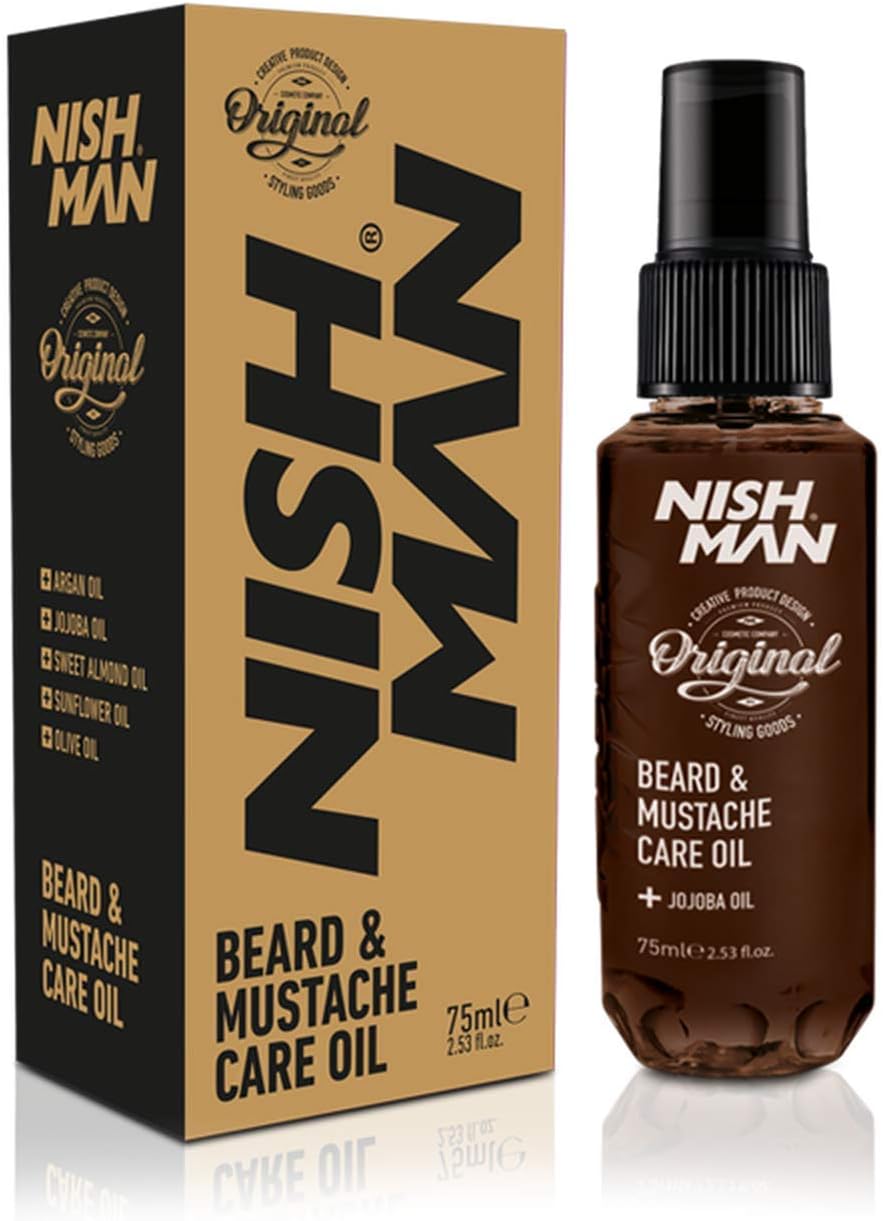 Nishman Beard & Mustache Care Beard Oil for Men, 75 ml - All Natural Argan, Jojoba, Sweet Almond, Olive Oils - Softens, Smooths & Strengthens Growth Easy Comb