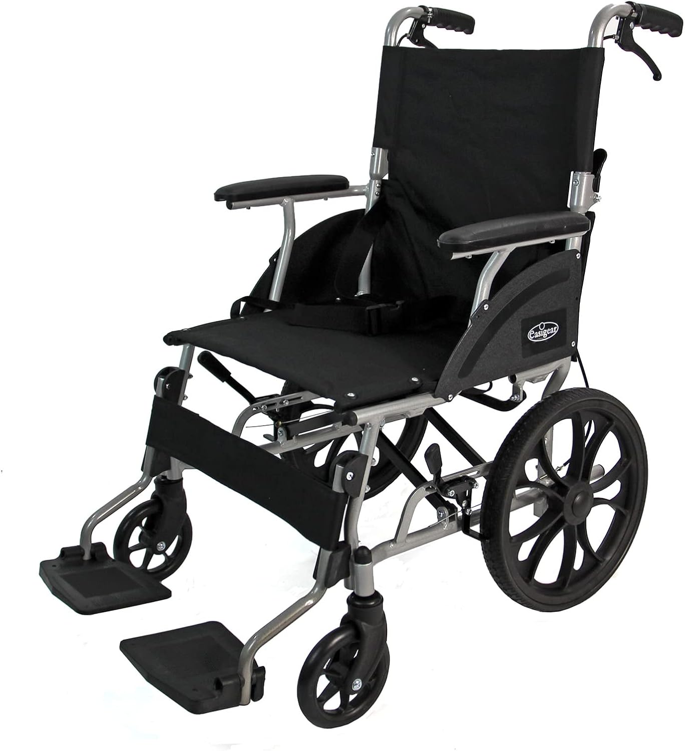 Aluminium Wheelchair - Lightweight, Folding, Compact Travel Transit Aid with Hand Brake, Black