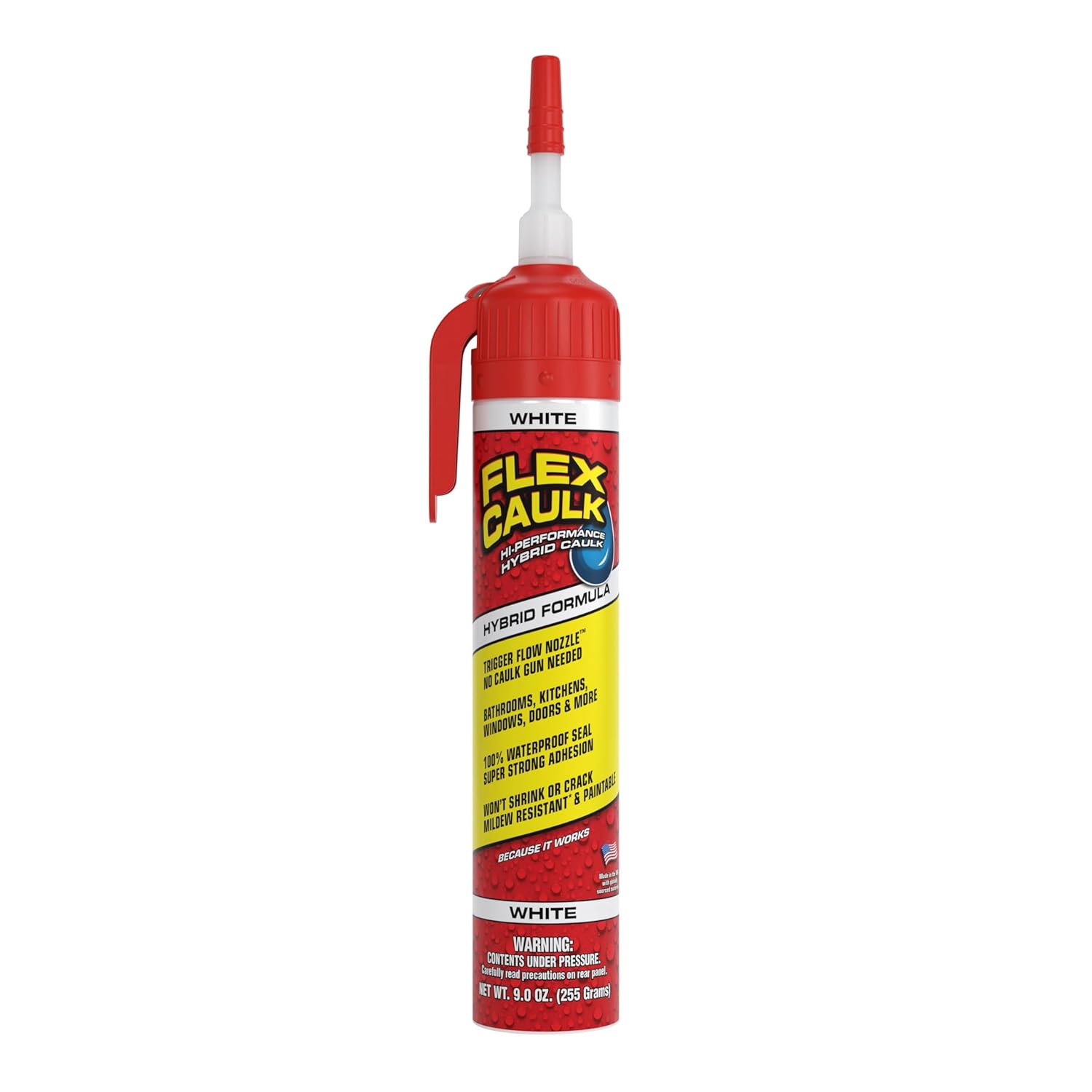 Flex Caulk, Waterproof & Weatherproof Hybrid Polymer Sealant, Strong, Paintable, Indoor, Outdoor, Bath, Shower, Sink, Window, Baseboards, Door, RV, Roof, Wood, Auto & Marine, White, 9 oz, 1-Pack