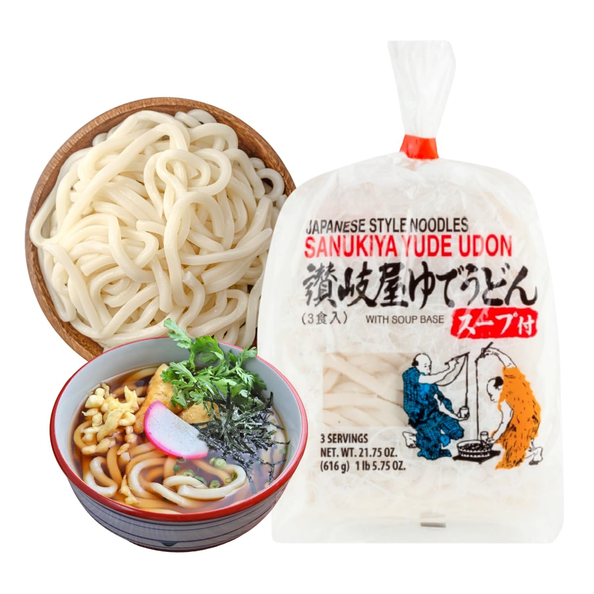 Japanese Sanukiya Udon Jumbo 3 Pack – Chewy Thick Noodle Soup With Seasoned Broth Base, 3 Servings, Easy and Quick Ready in 3 Minute
