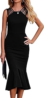 PRETTYGARDEN Women's Elegant Midi Bodycon Dress Sleeveless Backless Ruffle Hem Mermaid Formal Cocktail Wedding Guest Dresses