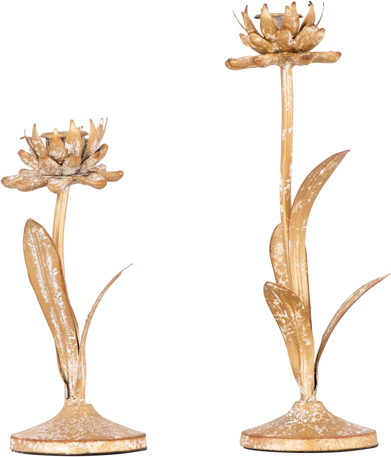 Creative Co-Op Cut Metal Flower Shaped Taper Candle Holder in Distressed Gold Finish (Set of 2 Sizes)