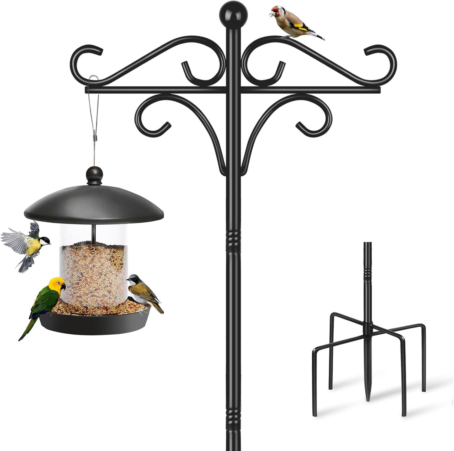 Bird Feeder Pole Stand, 195cm Approx.2m Adjustable Feeding Station Hanging with 2 Hook, Heavy Duty Freestanding Double Shepherd Crook for Outdoor Garden Light Lantern Plant Metal Hanger, Black