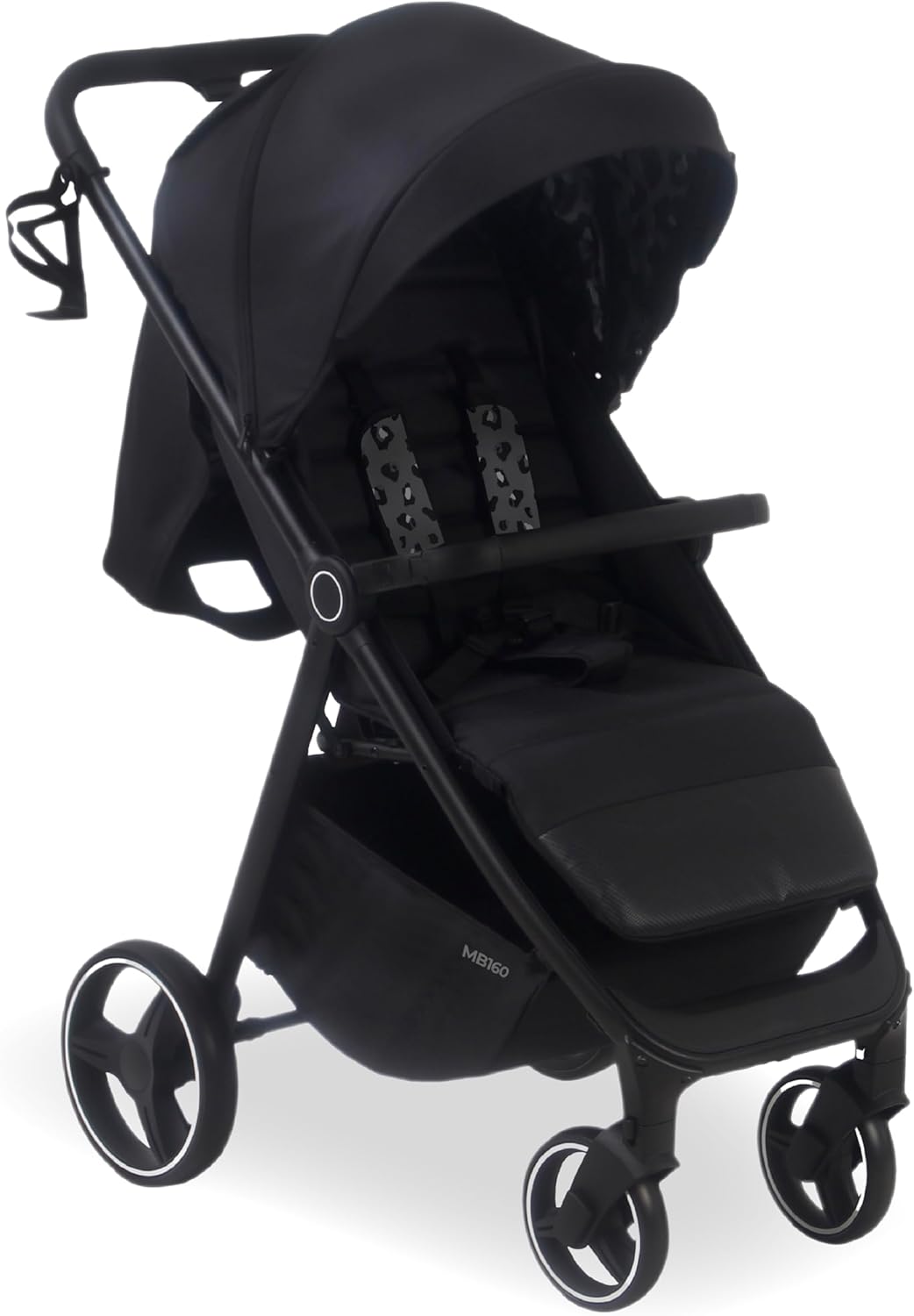 My Babiie MB160 Pushchair – from Birth to 4 Years (22kg), 4-Wheel Suspension, Large Basket, XL Canopy, Foldable, Compact, Stroller with Footmuff, Cup Holder, Rain Cover – Black Leopard