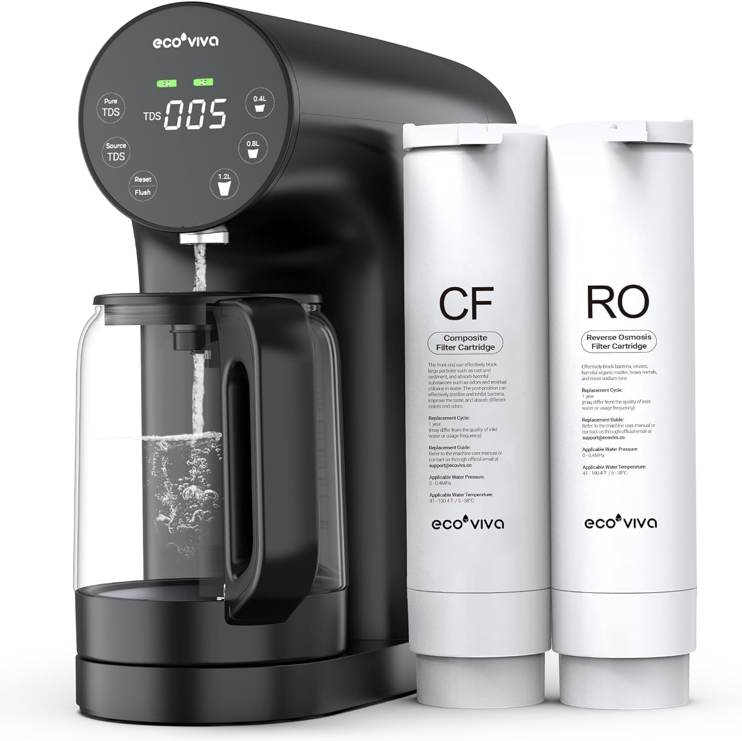 Ecoviva Countertop Reverse Osmosis System RO Water Filter, 4 Stage Filtration, Real-time TDS Monitor, 3:1 Pure to Drain, Zero-Installation Portable Water Purifier (WP-RO-200G Black), 4.3*12.1*12.1''