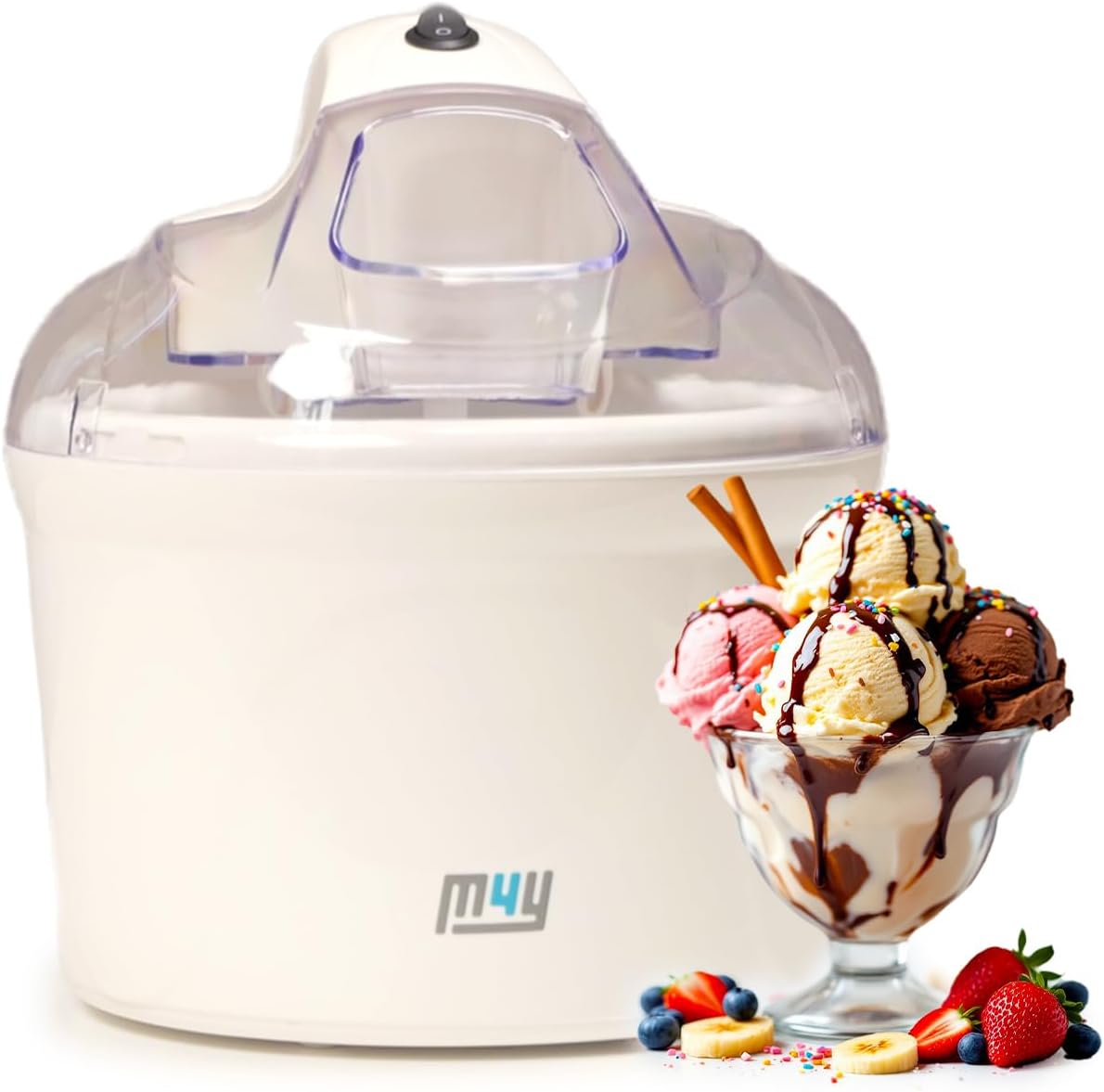 M4Y Ice Cream, Sorbet and Frozen Yoghurt Maker Machine – 1.5 Litre Capacity – Makes Delicious Home Made Ice cream in just 20 Minutes, Includes Favourite Recipes